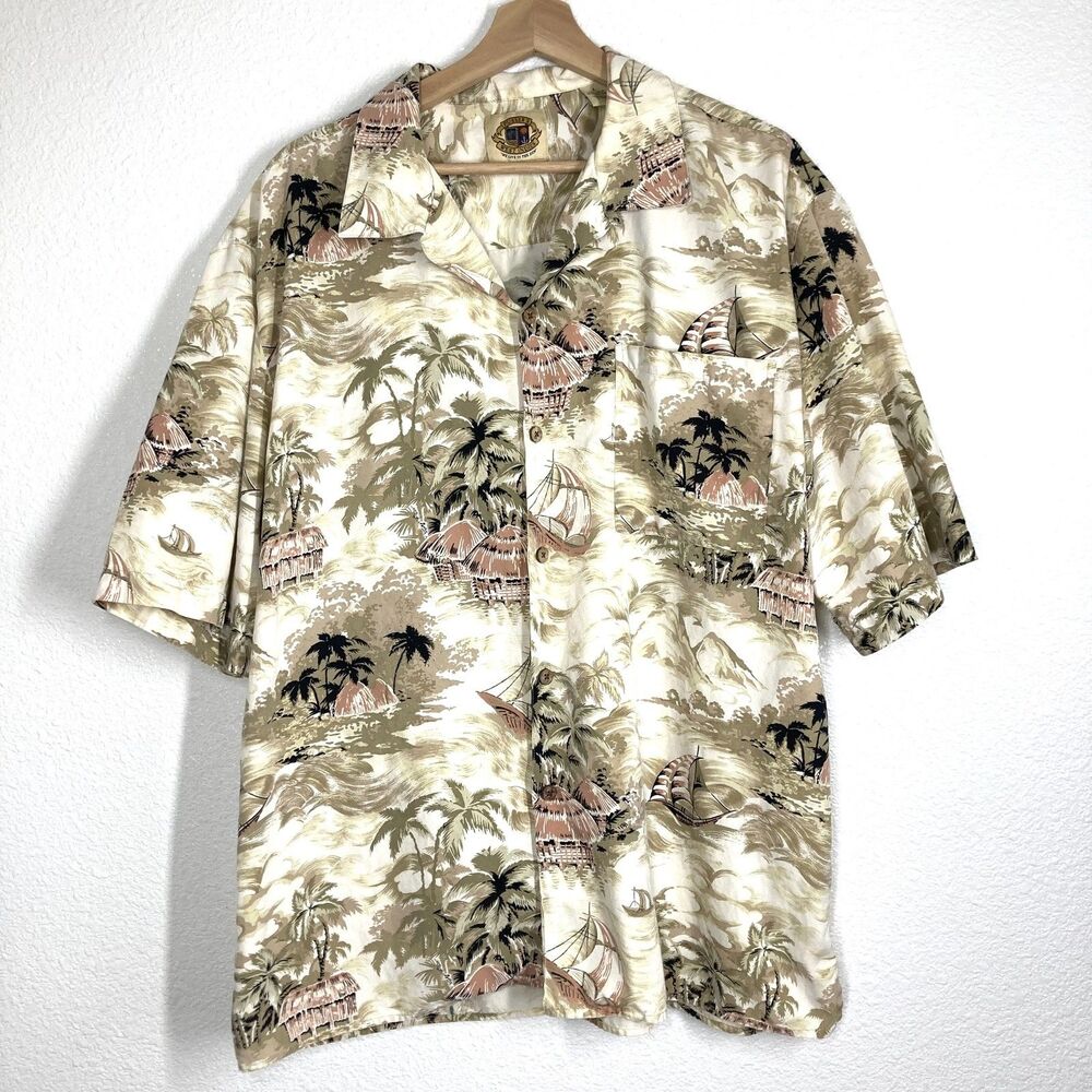 Pusser's West Indies Shirt Mens Large Tan Silk Cotton Hawaiian Camp Aloha Boat